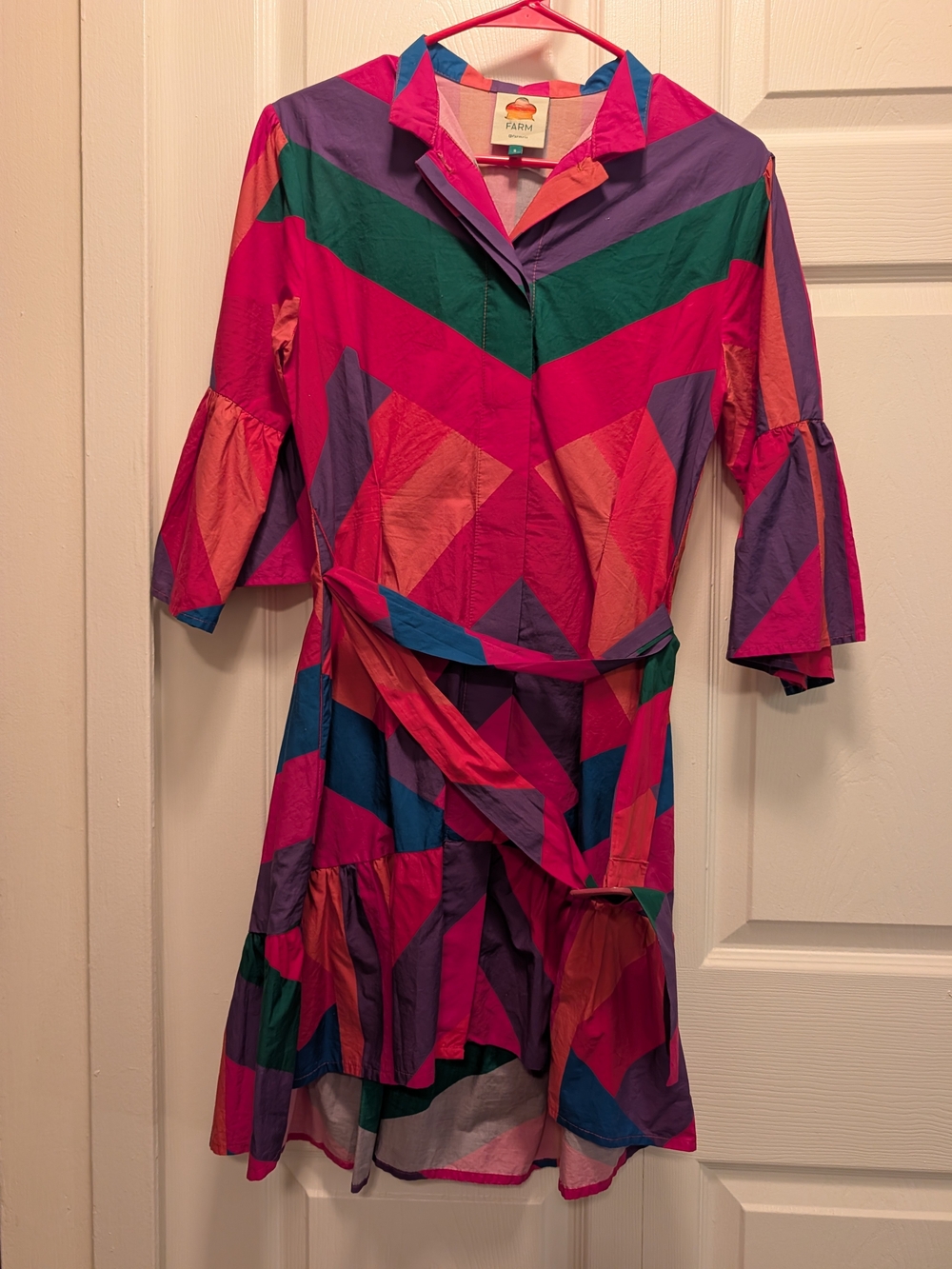 FARM Rio Multicolor Geometric Tie-Waist Shirt Dress in Pink, Green & Purple